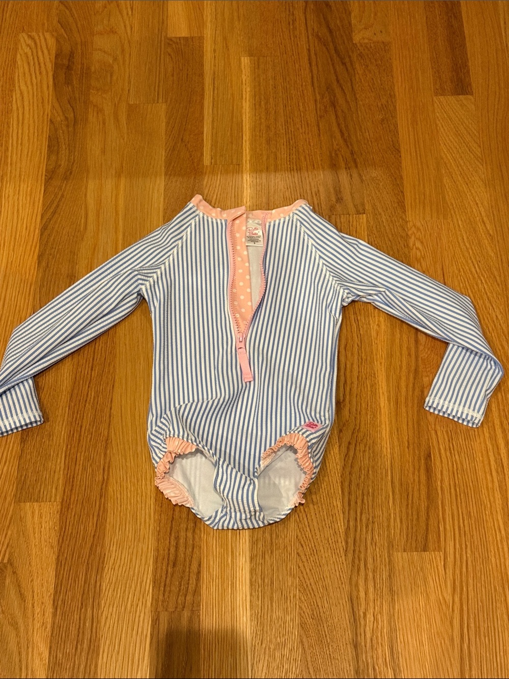 Ruffle Butts Blue and Pink Striped Long-Sleeve One-Piece Swimsuit